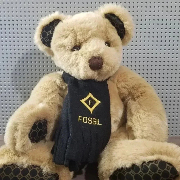 {Fossil} Plush Tan Bear w/ Black Felt Scarf & Fossil Print on Ears, Feet - Picture 1 of 9